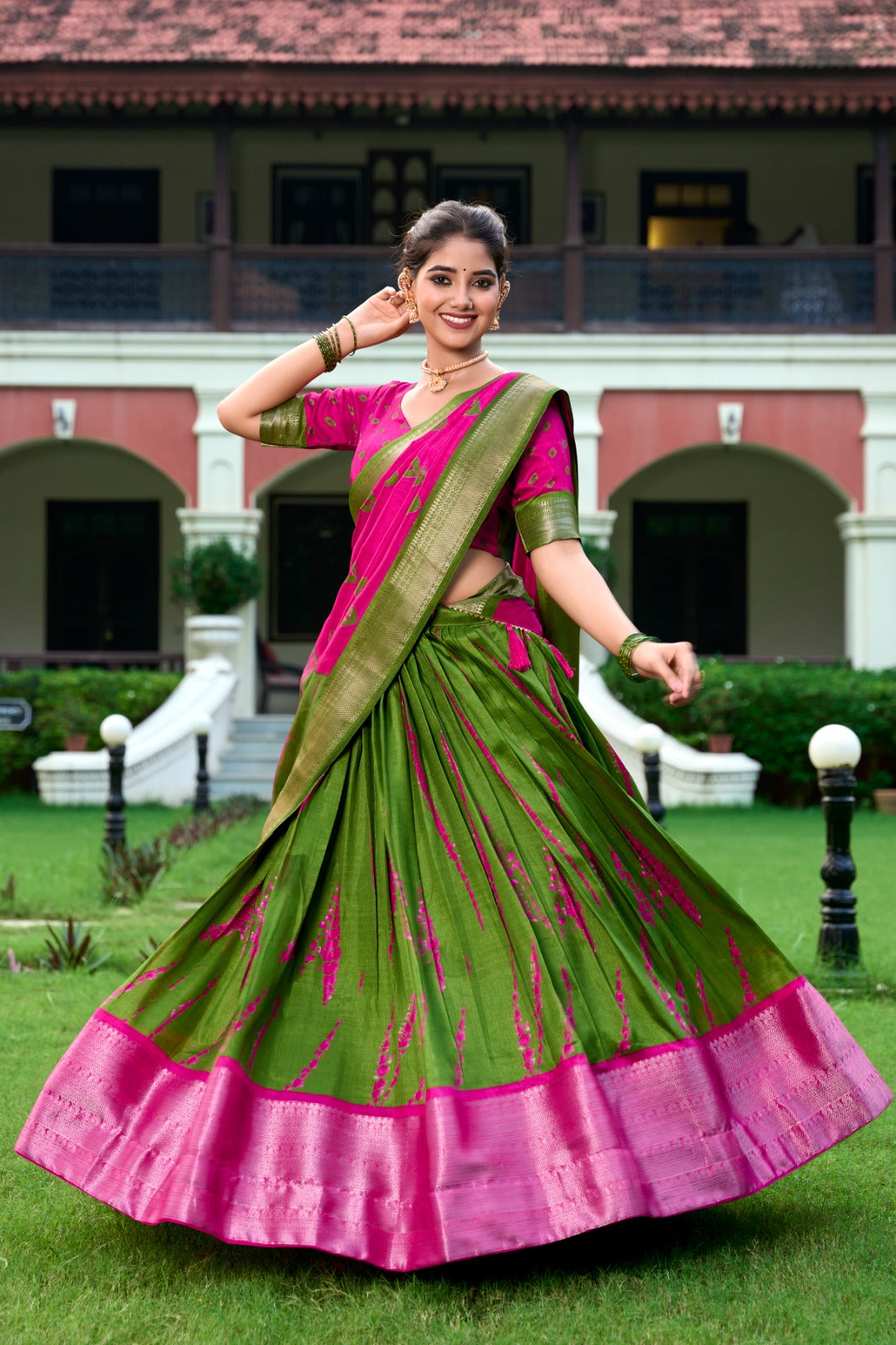 RAASHI Collection – Shibori Print Dola Silk Lehenga Choli Set PINK