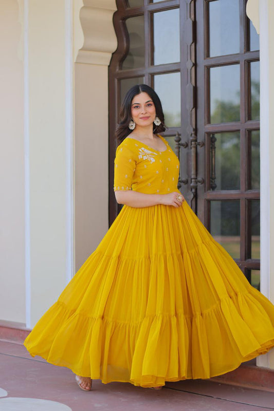 Georgette Frill & Flared Long Gown with Designer Embroidery yellow