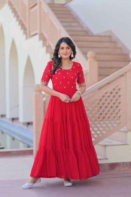 Georgette Frill & Flared Long Gown with Designer Embroidery RED