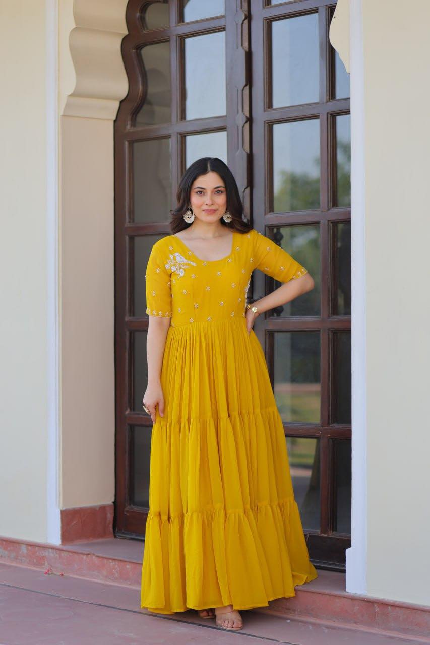 Georgette Frill & Flared Long Gown with Designer Embroidery yellow