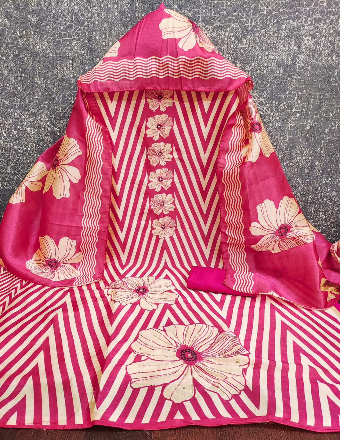 Semi Assam Silk Digital Printed Unstitched Suits with Khatli Bead Work c