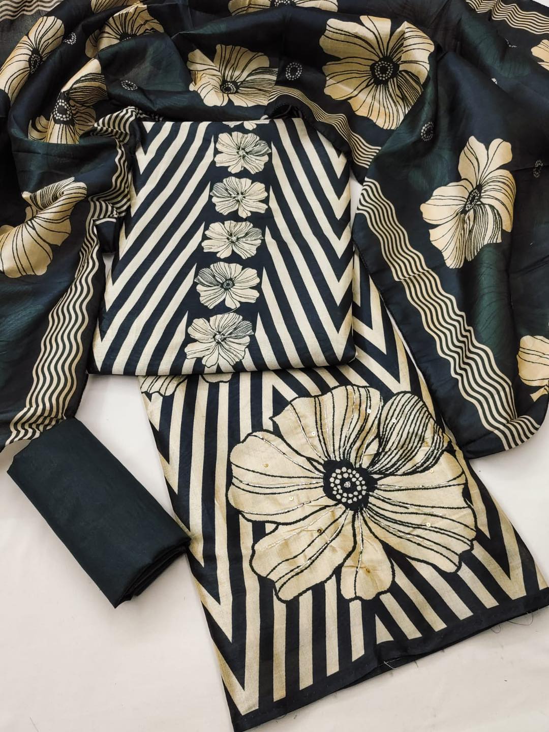 Semi Assam Silk Digital Printed Unstitched Suits with Khatli Bead Work b