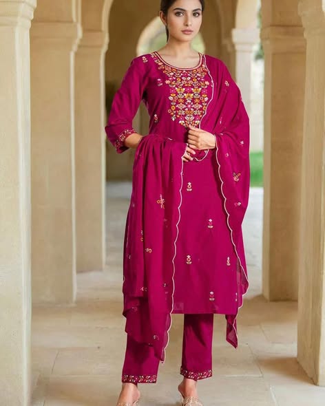 Soft Roman Silk Multi-Thread Embroidered Readymade Suits with Chanderi Dupatta