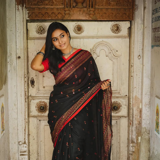 Semi Jute Silk Sarees with Foil Mirror work embroidered with piping borders 1
