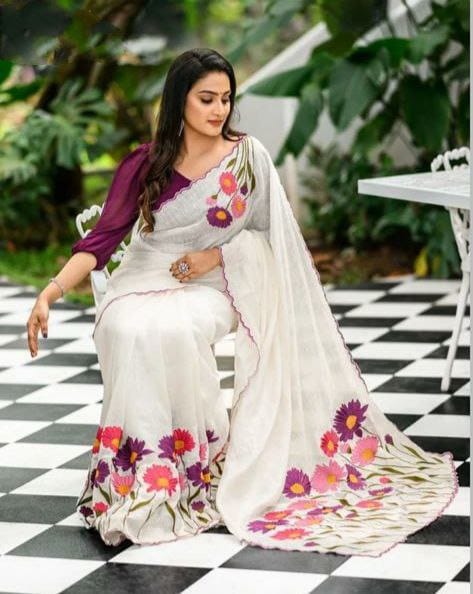 Satranga MG346 Plain Linen Saree with Digital Print & Cutwork Border