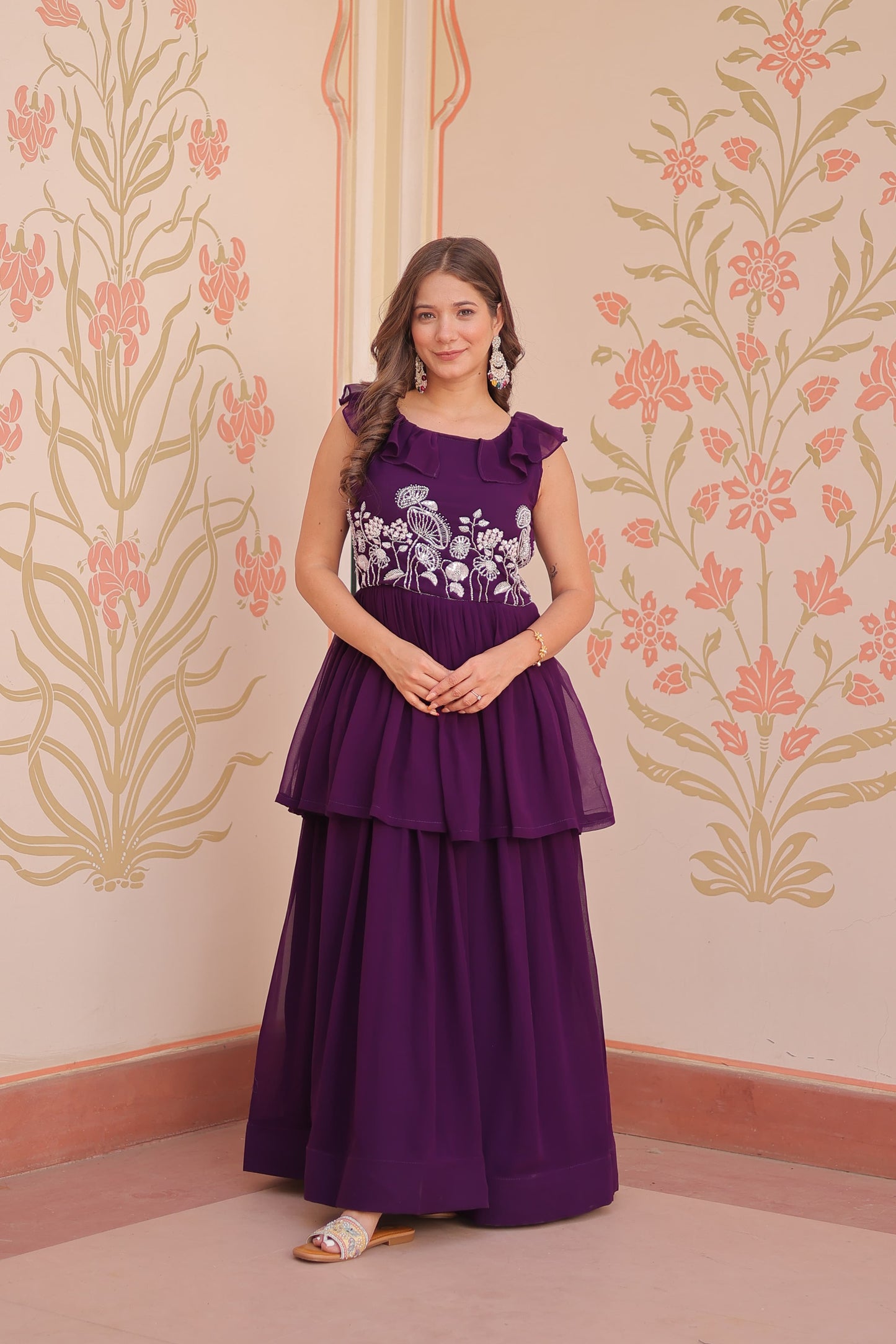Peplum Style Gown with Bead Embroidery in Faux Blooming Fabric – KA-1175 Purple