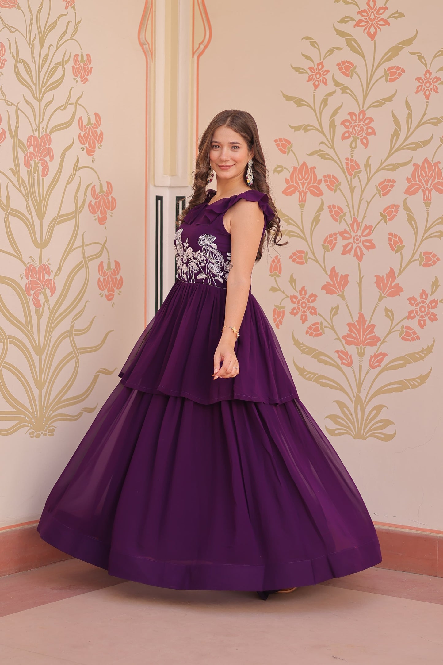 Peplum Style Gown with Bead Embroidery in Faux Blooming Fabric – KA-1175 Purple