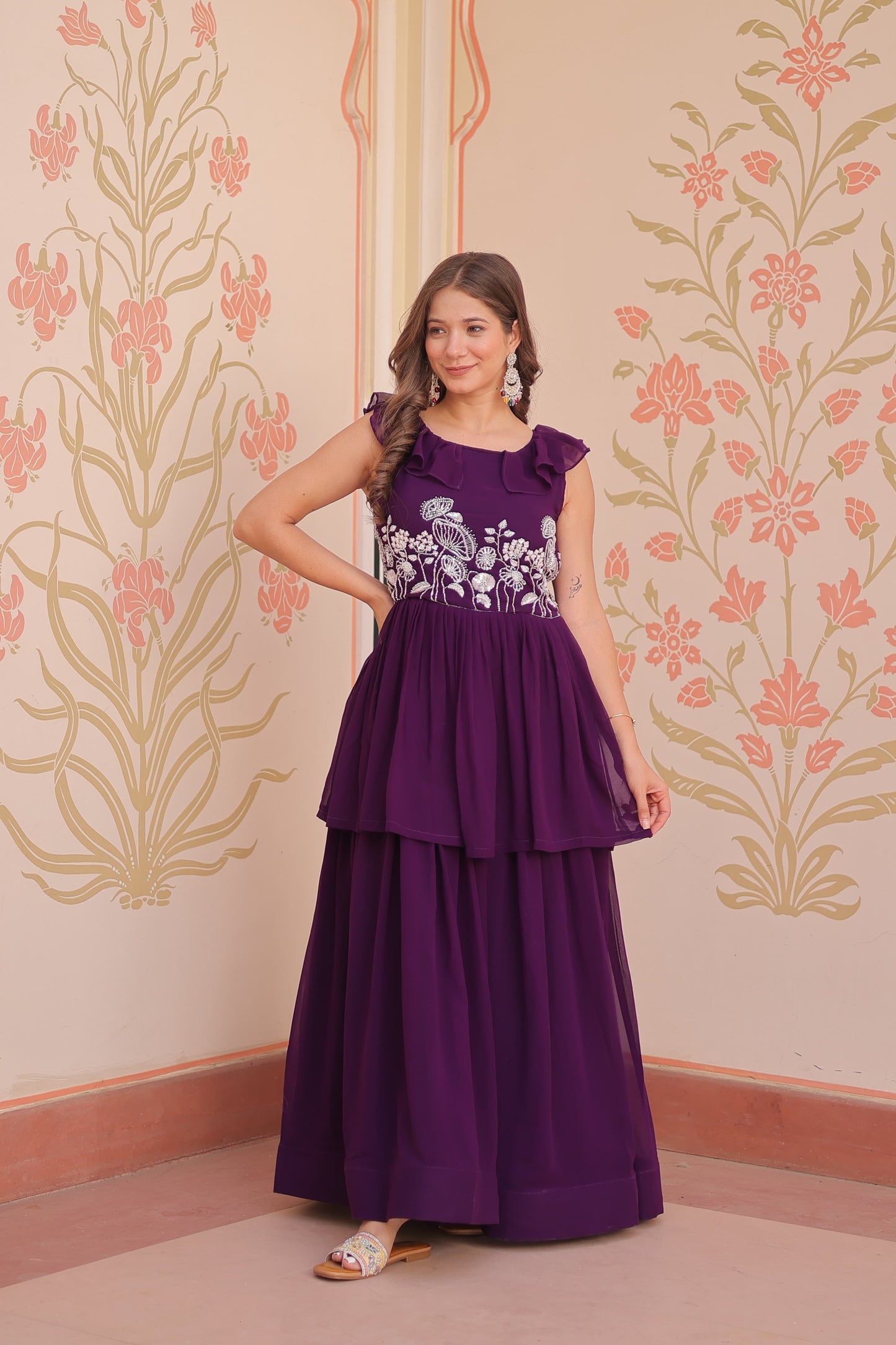 Peplum Style Gown with Bead Embroidery in Faux Blooming Fabric – KA-1175 Purple