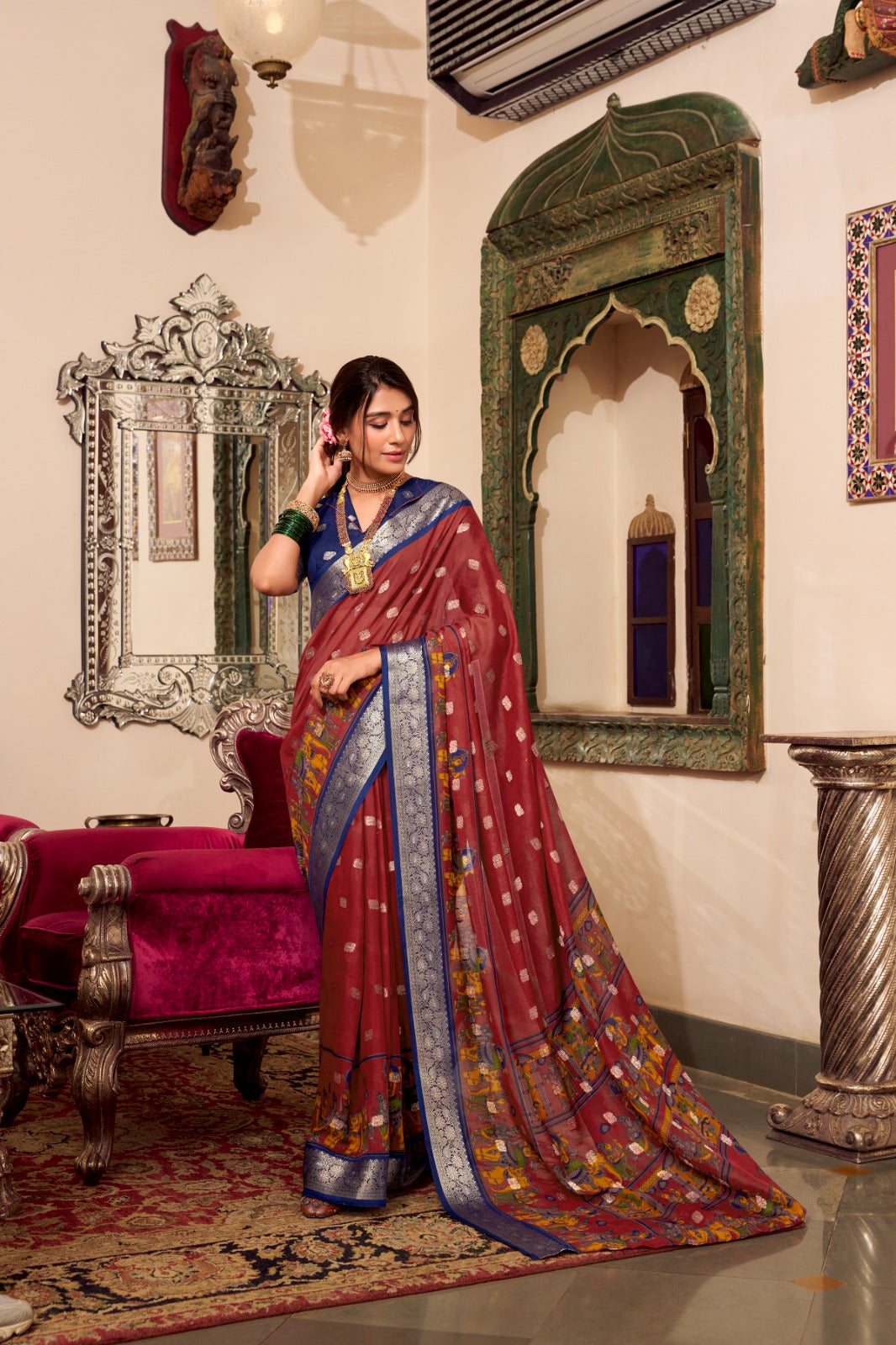 VEDANTI Poly Cotton Saree with Kalamkari Print & Zari Weaving Border - YNF7031MRN