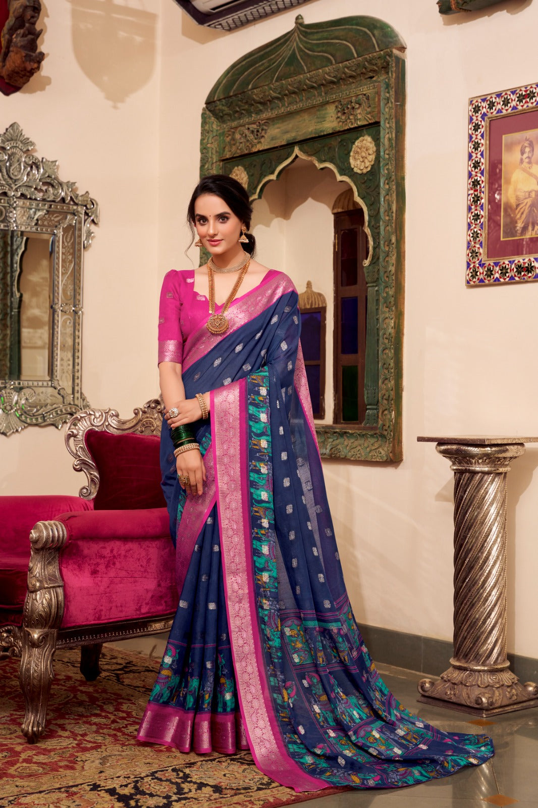 VEDANTI Poly Cotton Saree with Kalamkari Print & Zari Weaving Border - YNF7031NBL