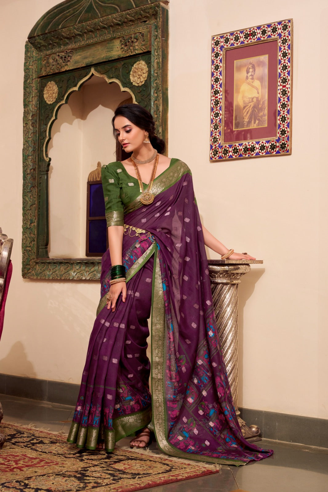 VEDANTI Poly Cotton Saree with Kalamkari Print & Zari Weaving Border - YNF7031WIN
