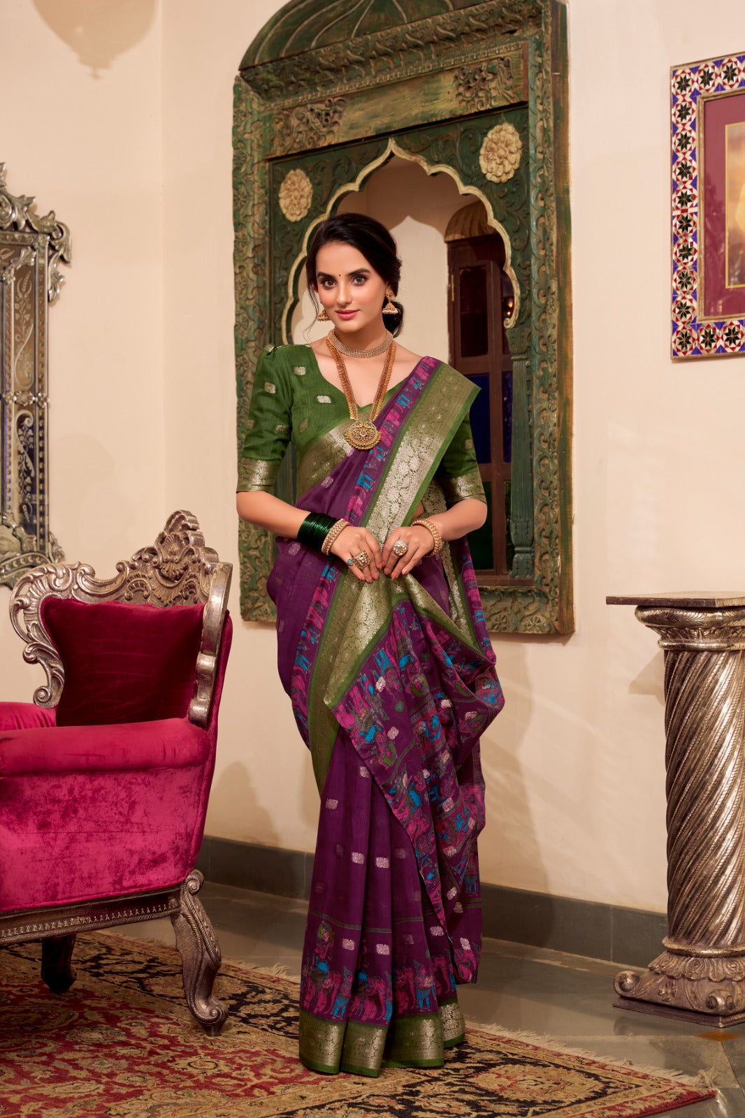 VEDANTI Poly Cotton Saree with Kalamkari Print & Zari Weaving Border - YNF7031WIN