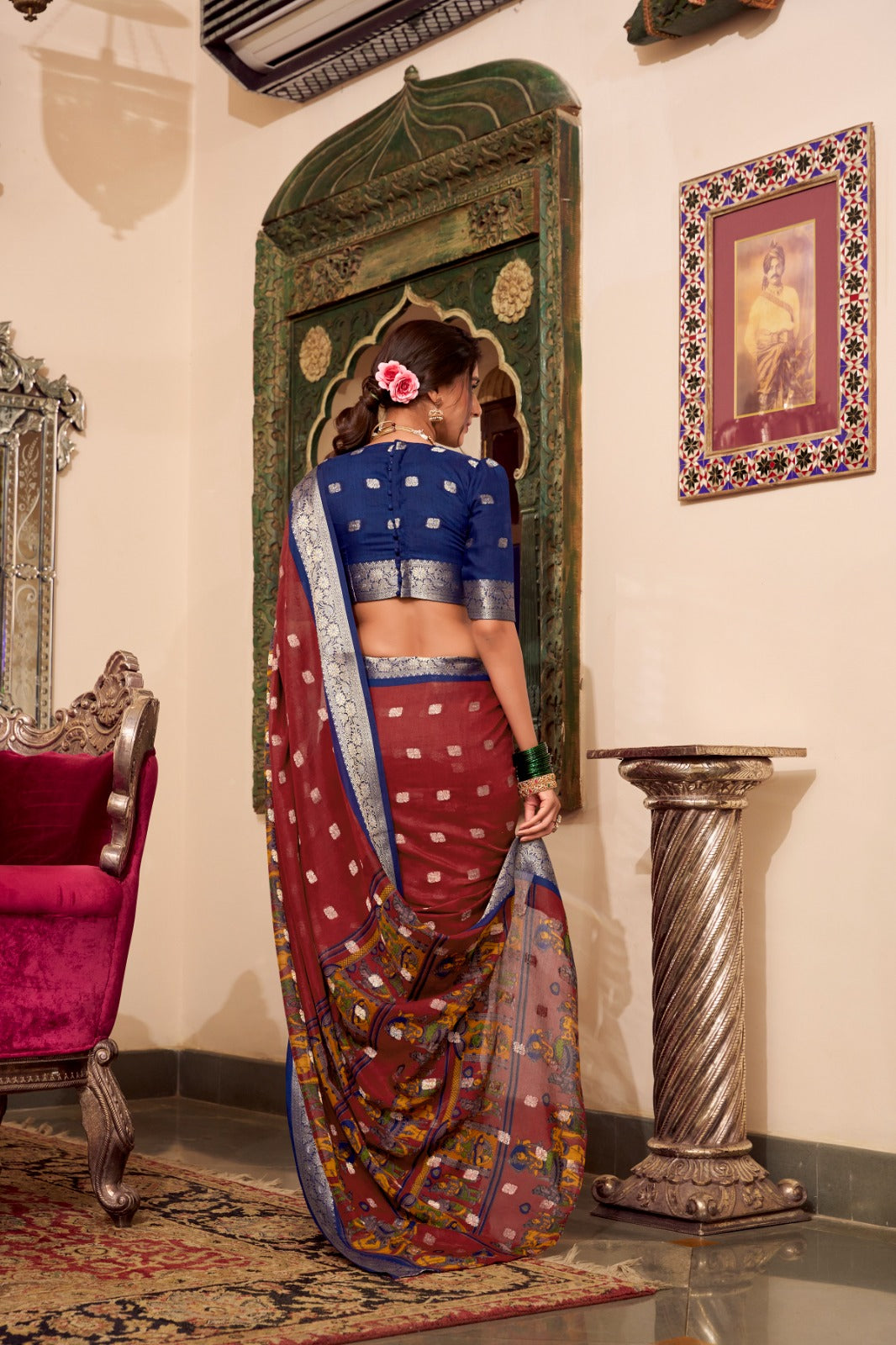 VEDANTI Poly Cotton Saree with Kalamkari Print & Zari Weaving Border - YNF7031MRN