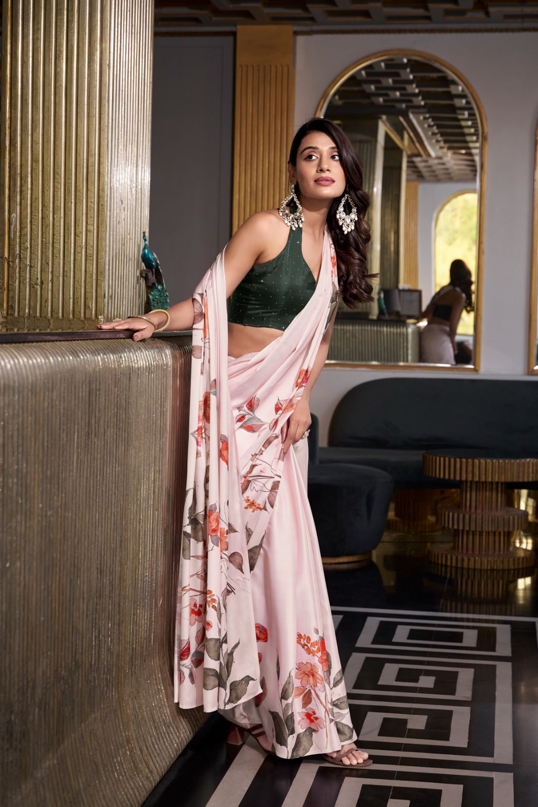 MIKELI Satin Silk Printed Saree with Moonga Silk Hotfix Blouse – YNF7026OWT