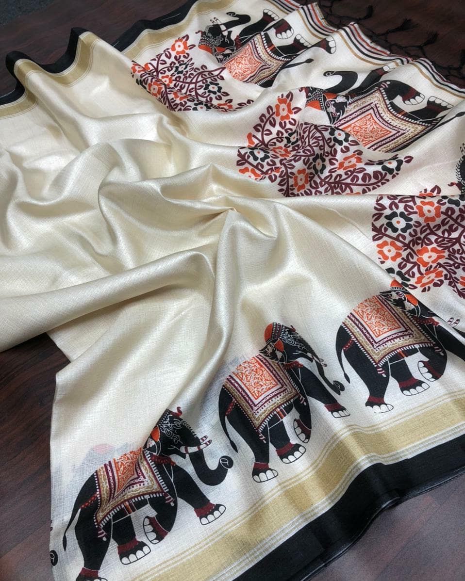 Mysore Khadi Silk Saree with HD Ikkat Style Print & Tassels (Elephant Design)