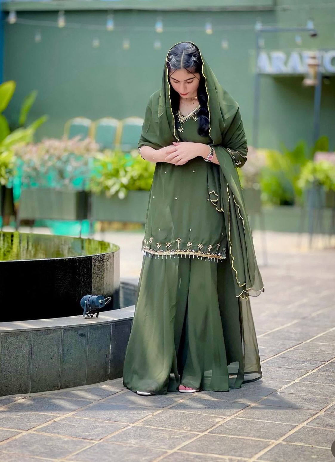 WW-1204 – Fox Georgette Top-Sarara-Dupatta Set - Green