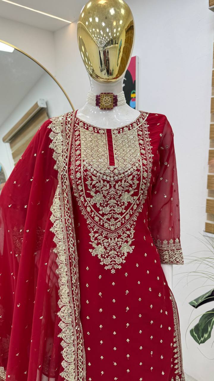ZB-5041 – Fox Georgette Designer Sharara Suit Set - Red
