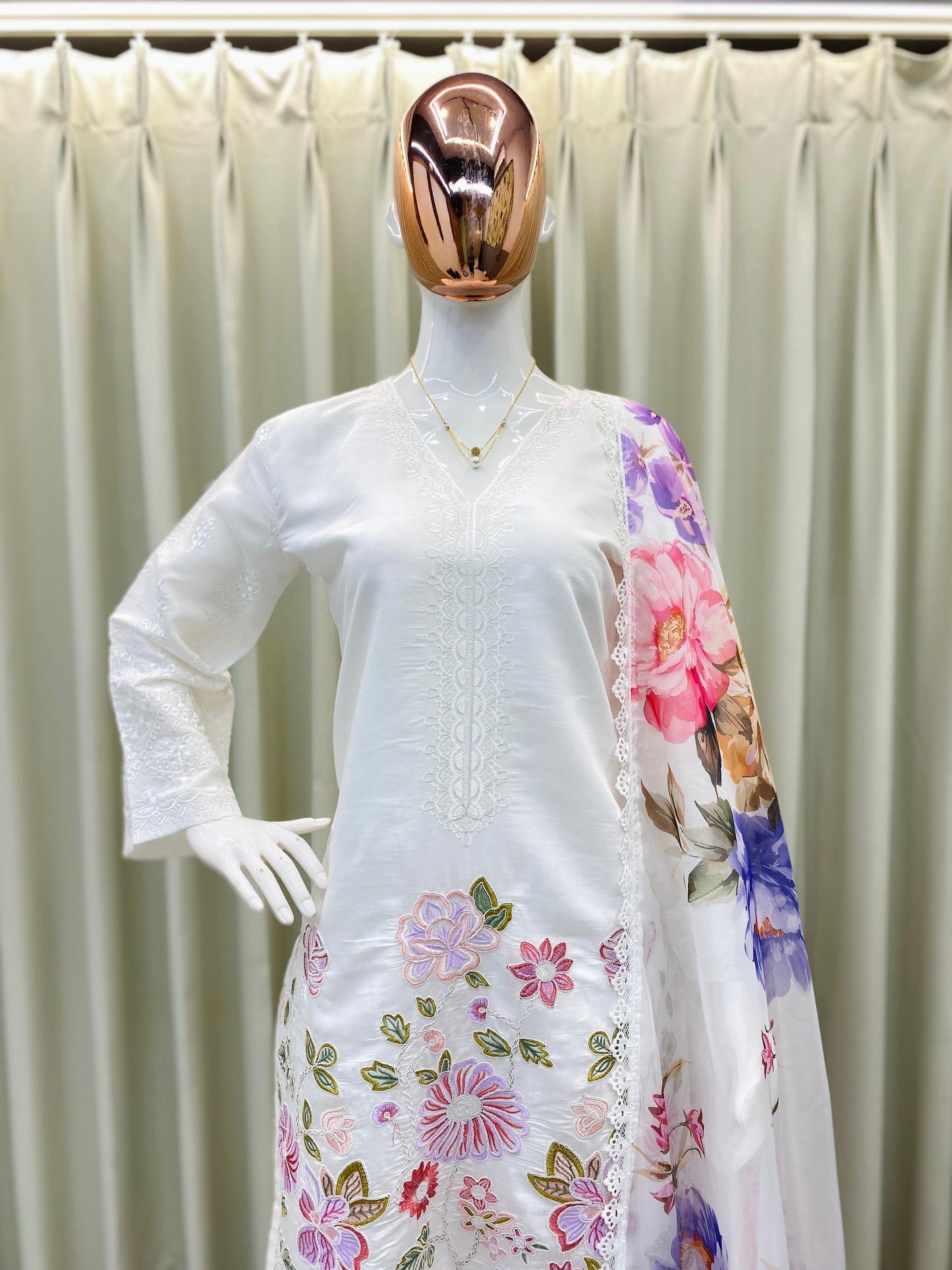 BE-373 – Designer Farsi Salwar Suit (3-Piece Set) - White