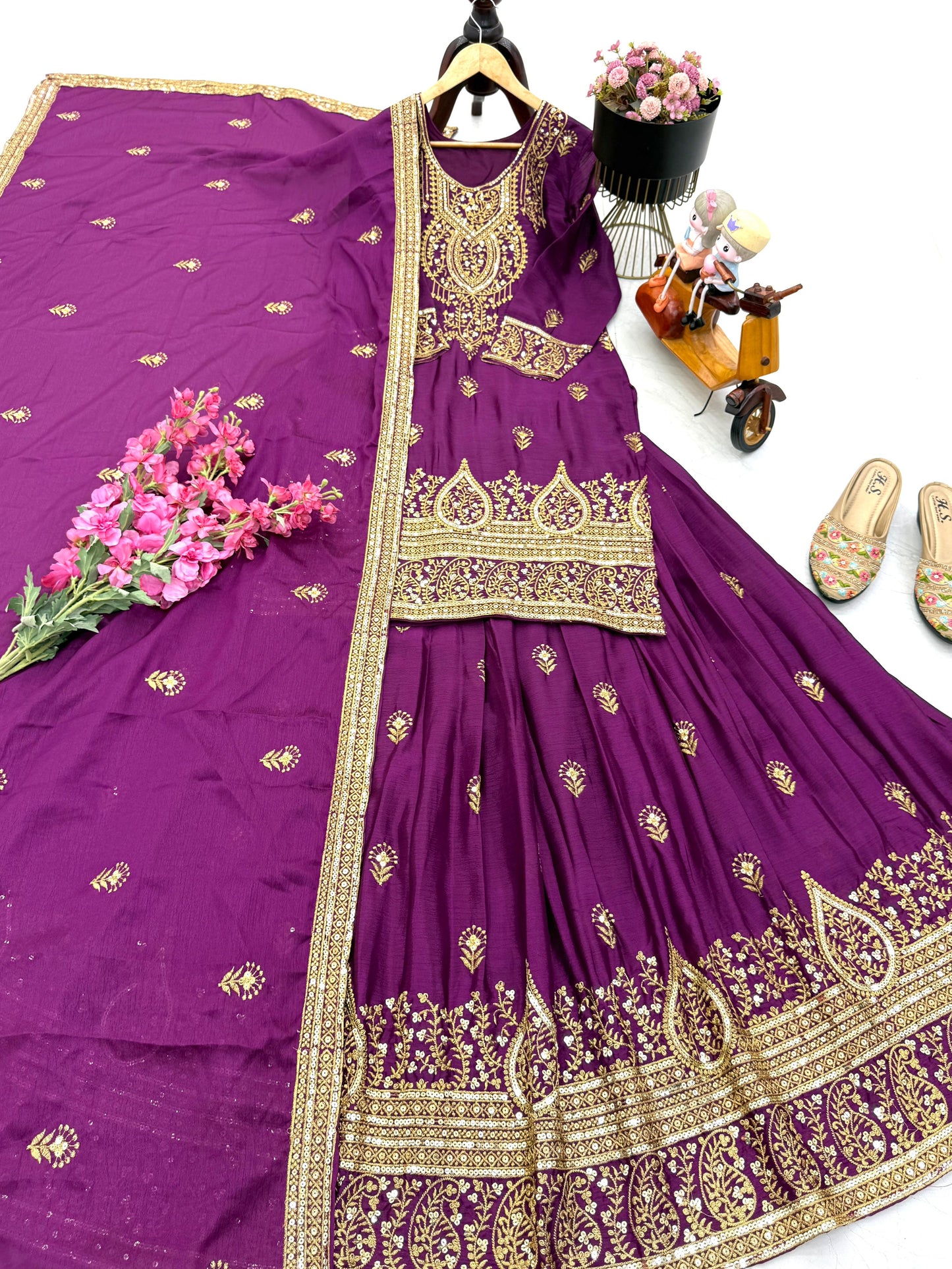 ZD-10005 – Designer Chinon Silk Lehenga Suit Set - Wine