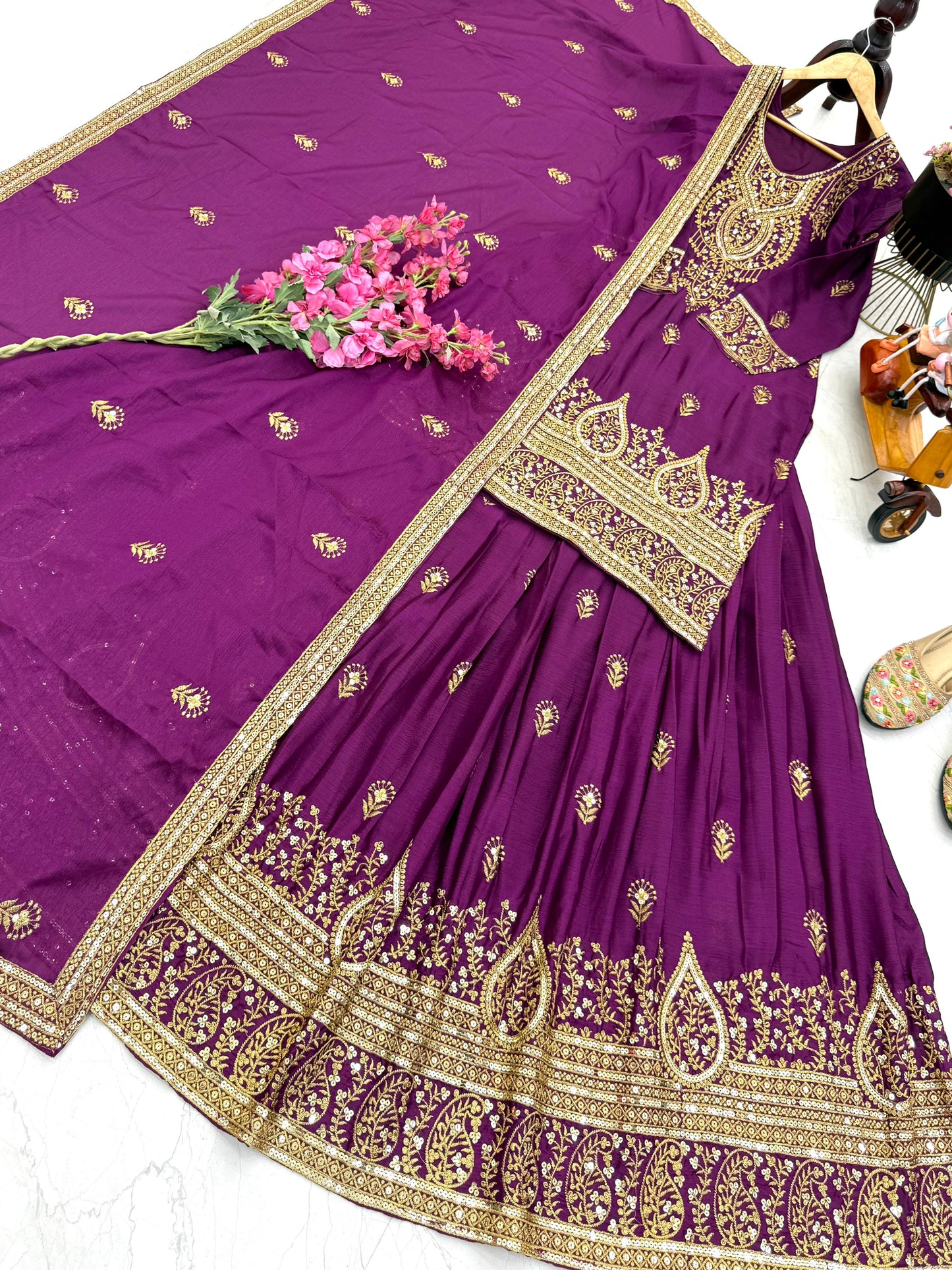 ZD-10005 – Designer Chinon Silk Lehenga Suit Set - Wine