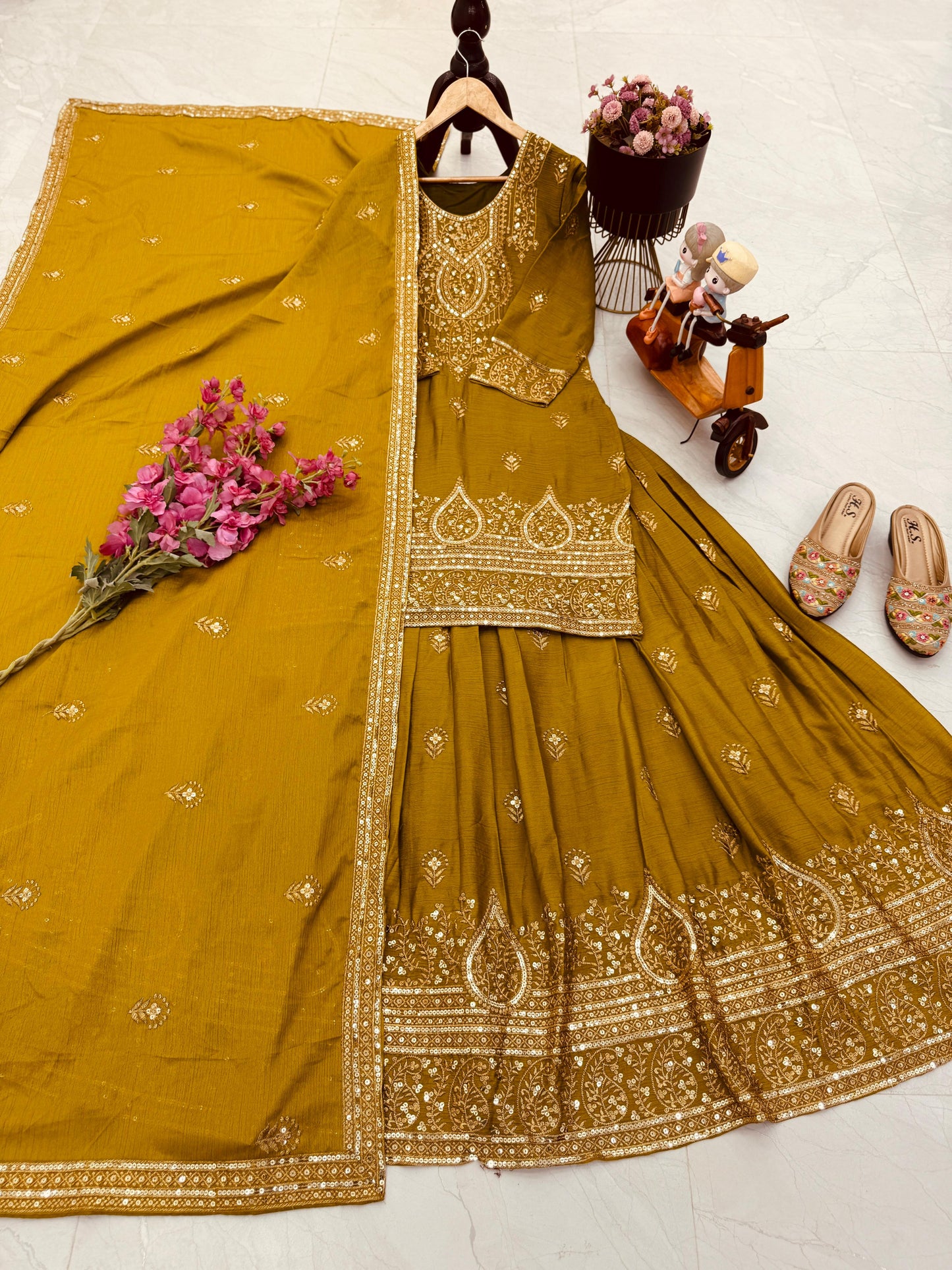 ZD-10005 – Designer Chinon Silk Lehenga Suit Set - Mustard