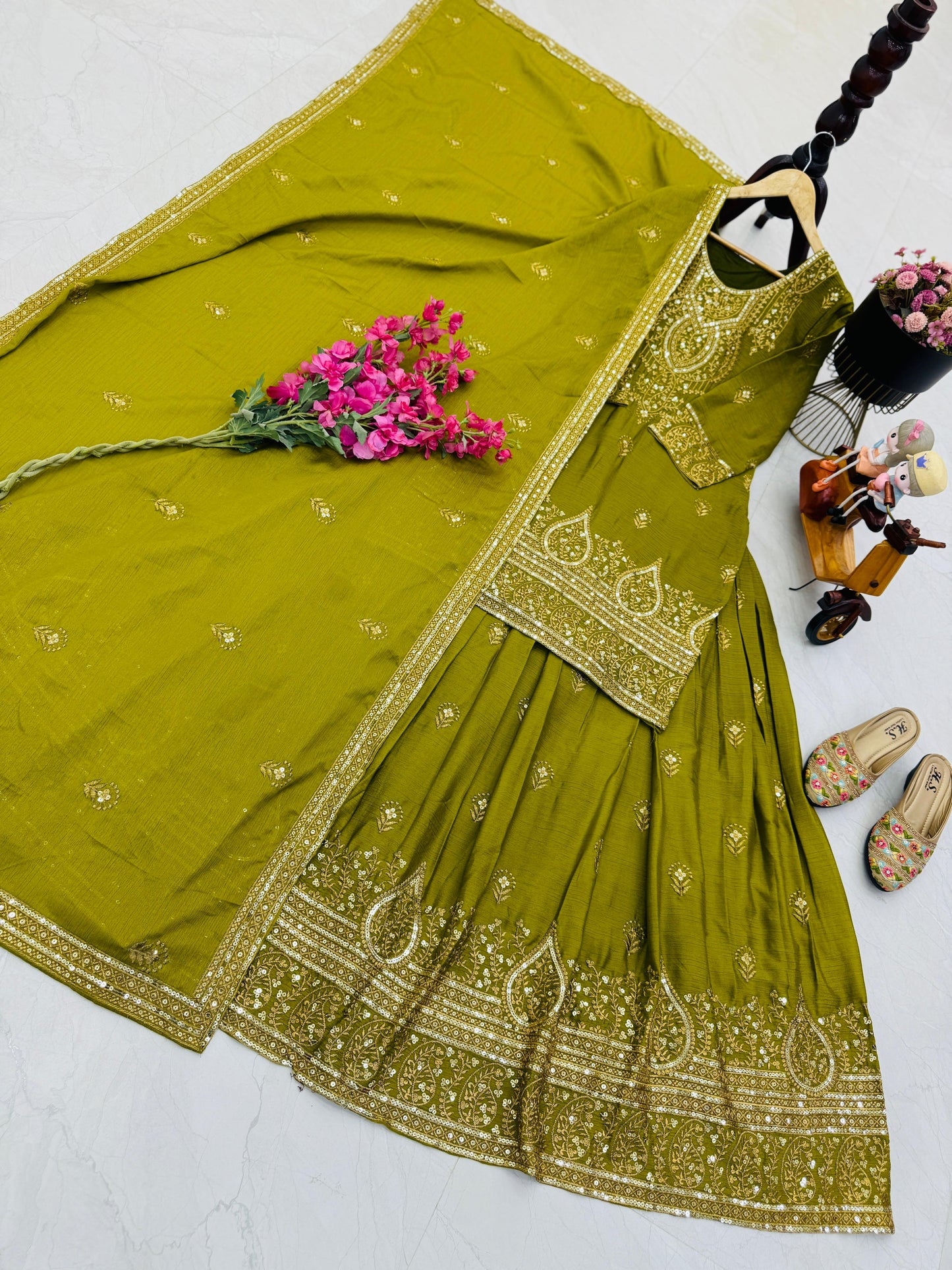 ZD-10005 – Designer Chinon Silk Lehenga Suit Set - Green