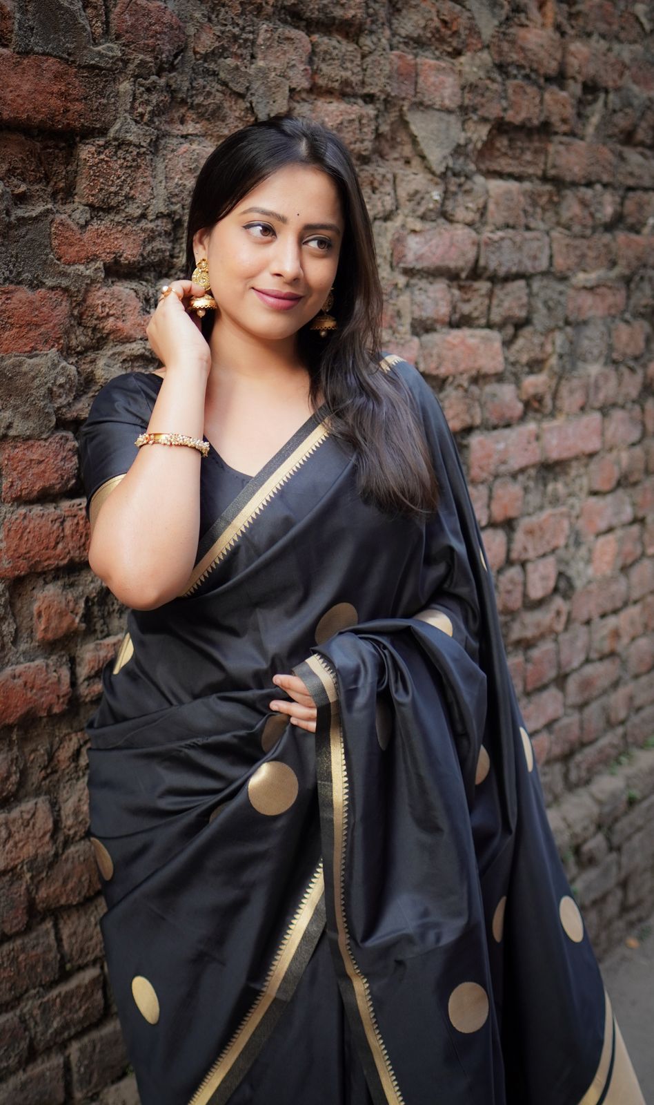 AK-414 BLACK POLKI – Elegant Semi Soft Silk Zari Woven Saree