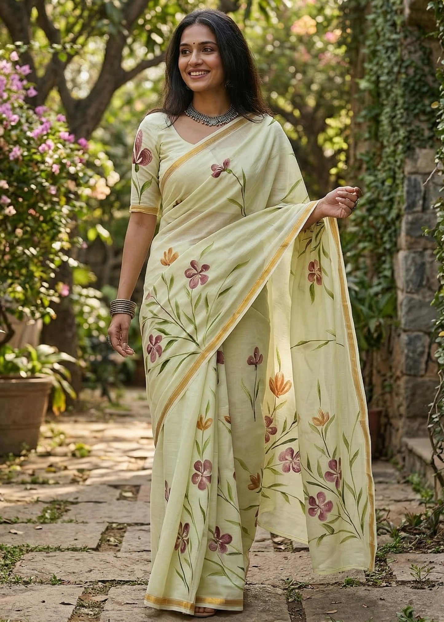 Maslin Cotton Sarees with Painted Floral Designs – 69 AED