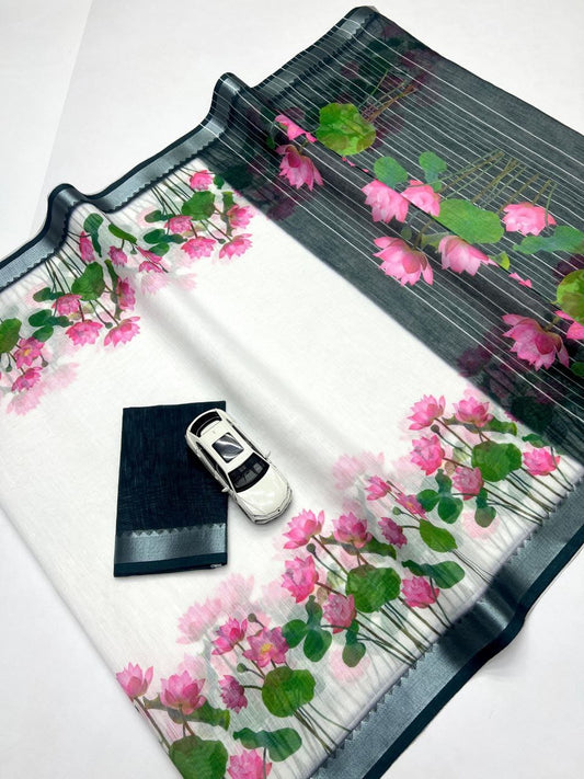 Linen Slub Cotton Floral Sarees – 59 AED