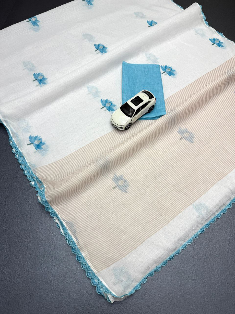 Linen Slub Cotton Saree with Lotus Print & Crochet Lace Borders – 59 AED