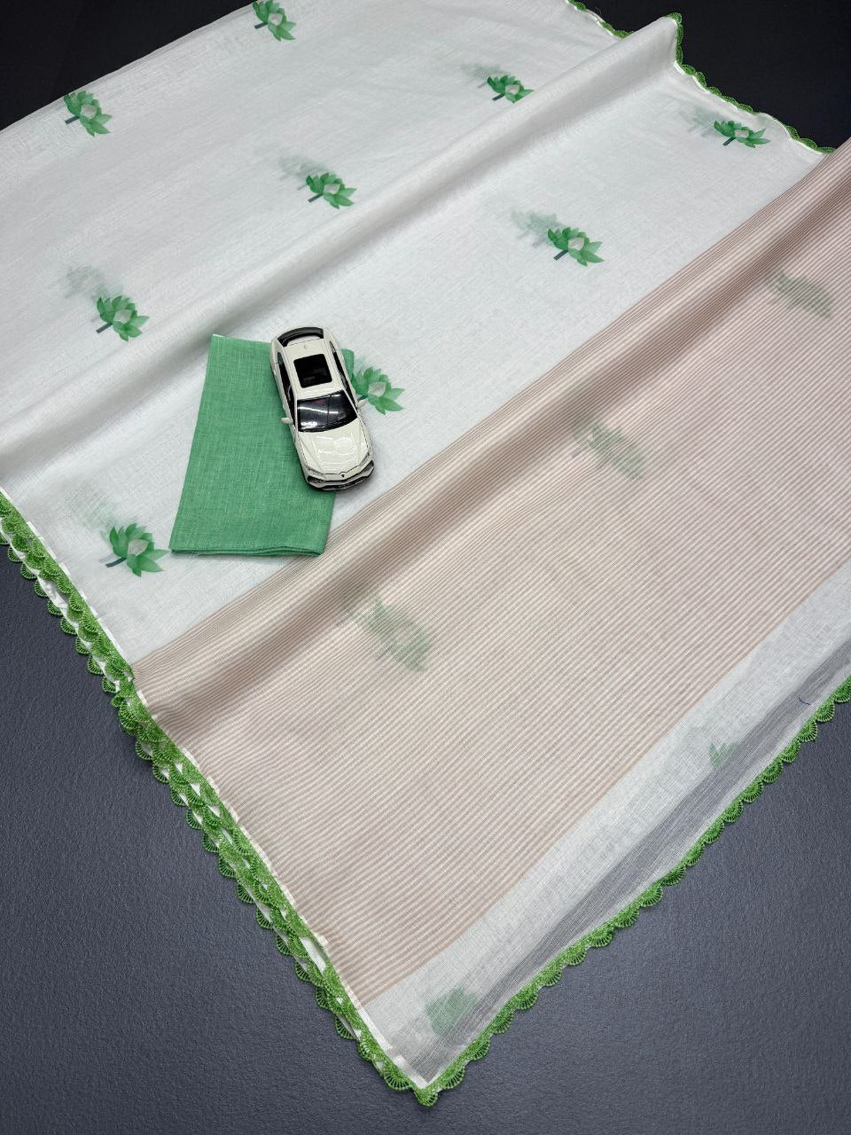 Linen Slub Cotton Saree with Lotus Print & Crochet Lace Borders – 59 AED