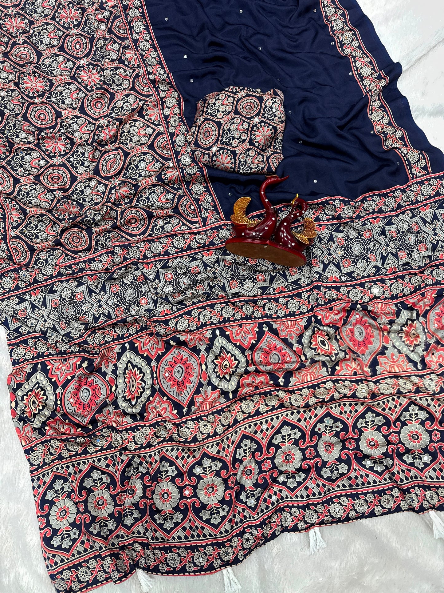 Ajrakh Crepe Silk Real Mirror Work Saree – 99 AED