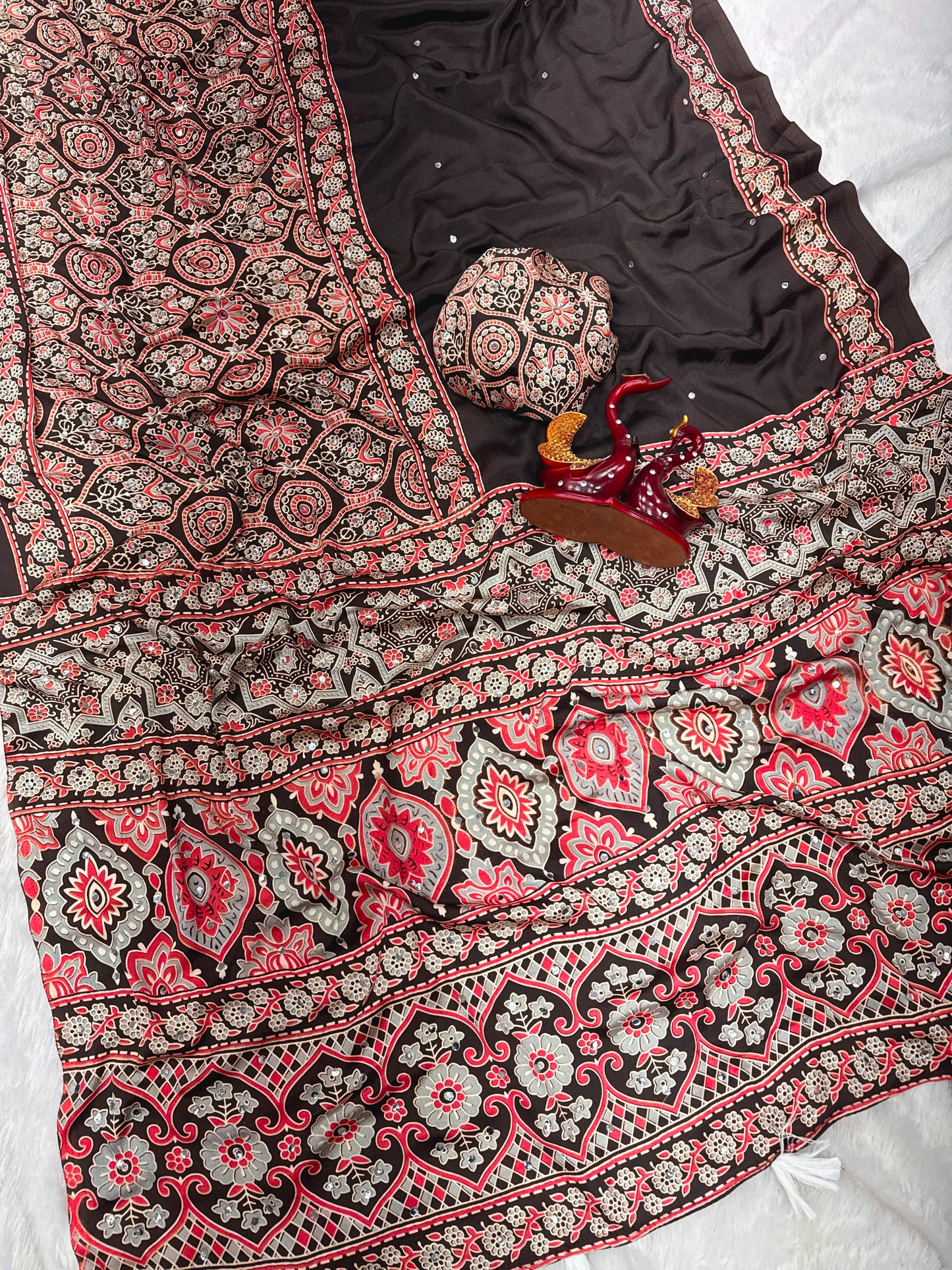 Ajrakh Crepe Silk Real Mirror Work Saree – 99 AED