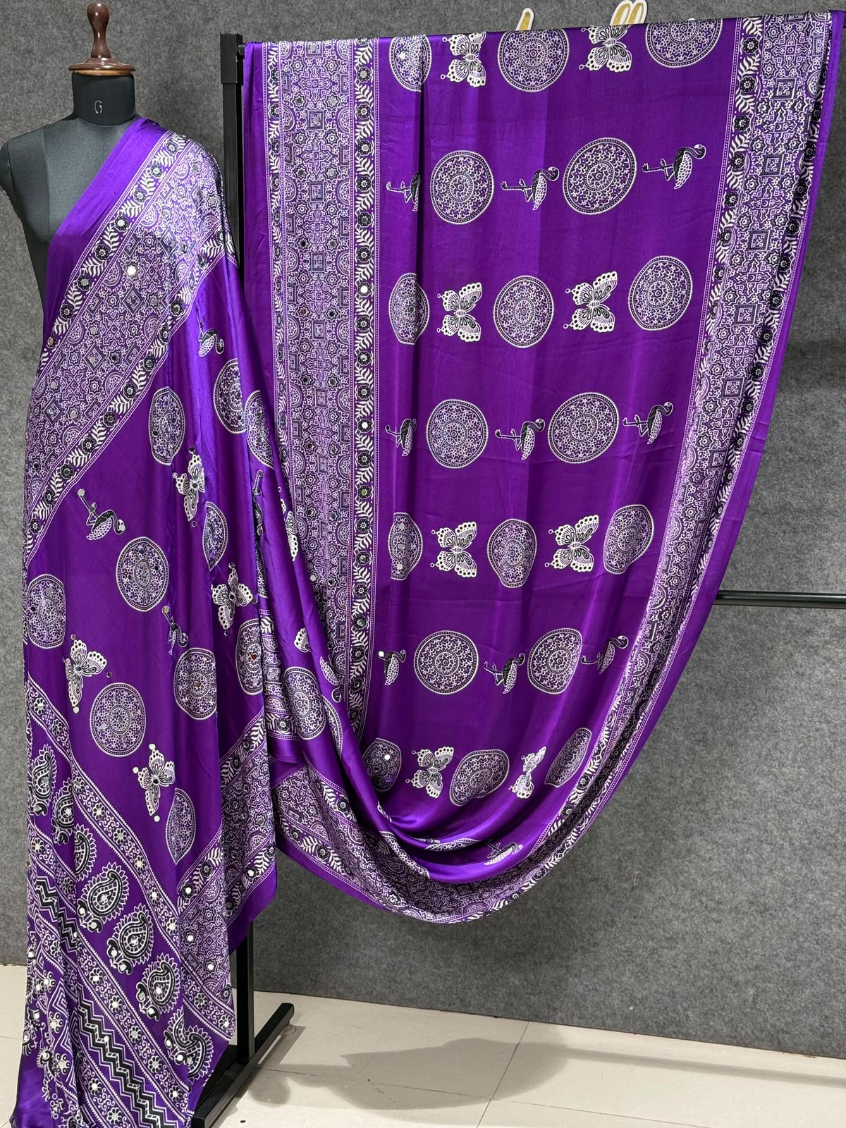 Ajrakh Crepe Silk Real Mirror Work Saree – 99 AED