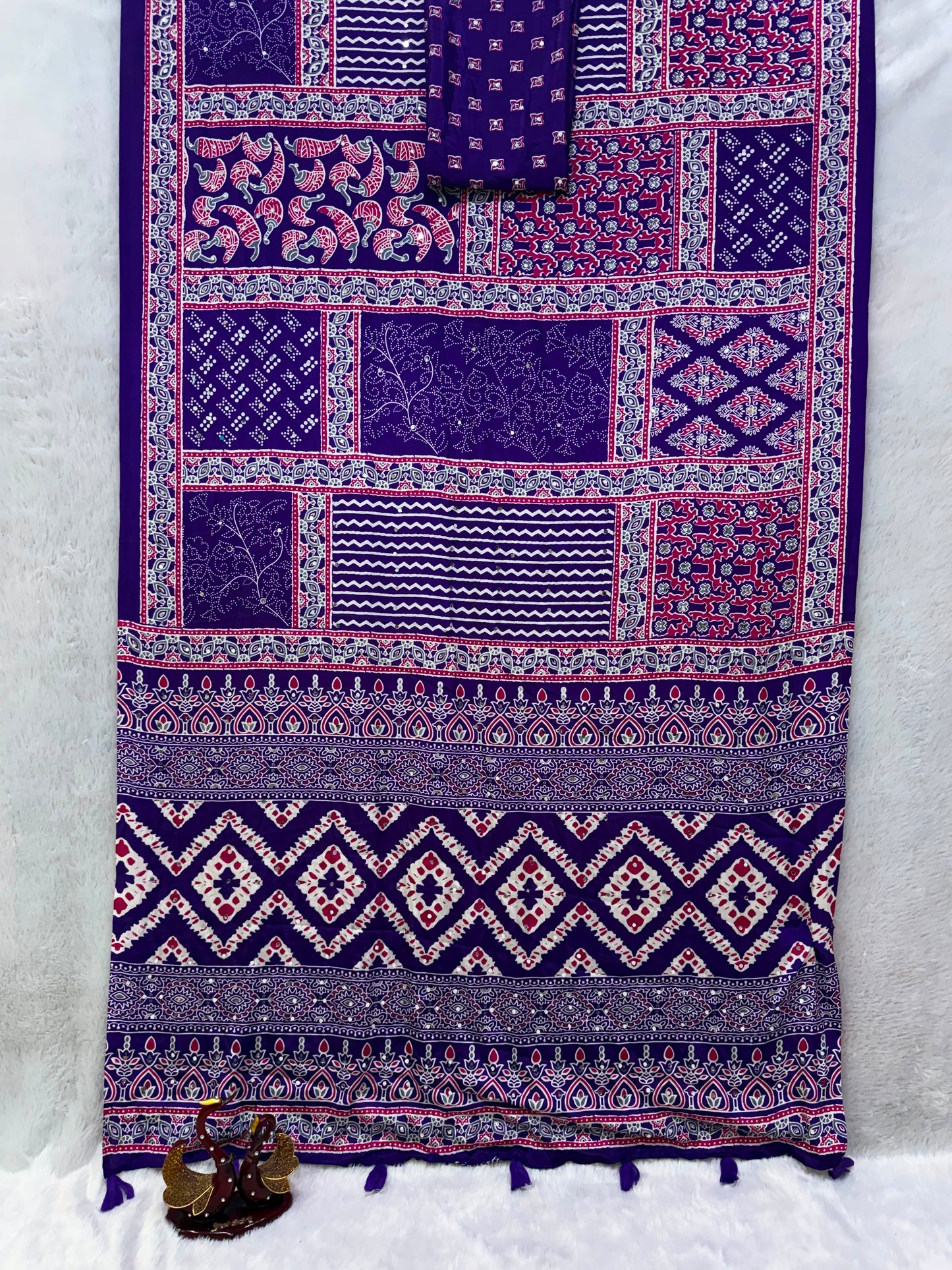 Ajrakh Crepe Silk Real Mirror Work Saree – 99 AED