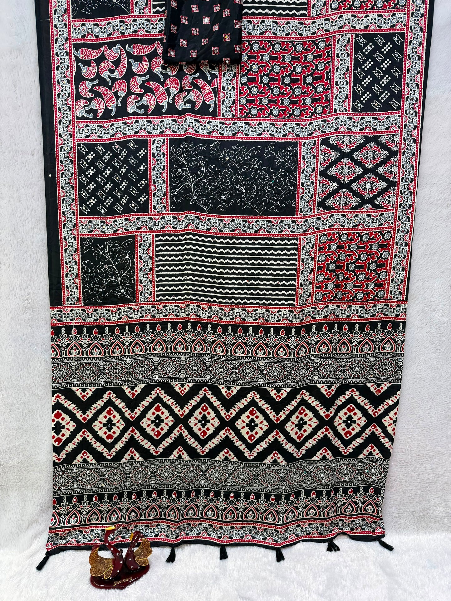 Ajrakh Crepe Silk Real Mirror Work Saree – 99 AED