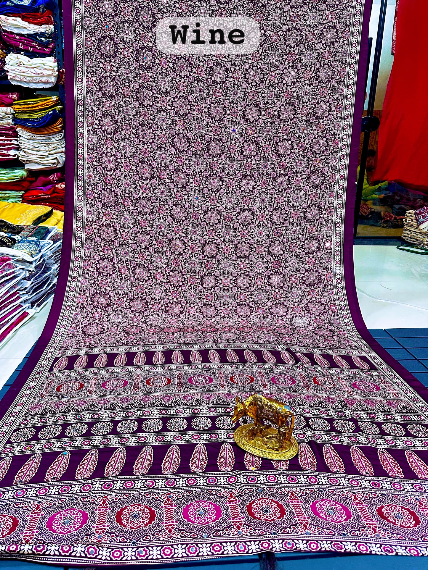 Ajrakh Crepe Silk Real Mirror Work Saree – 99 AED