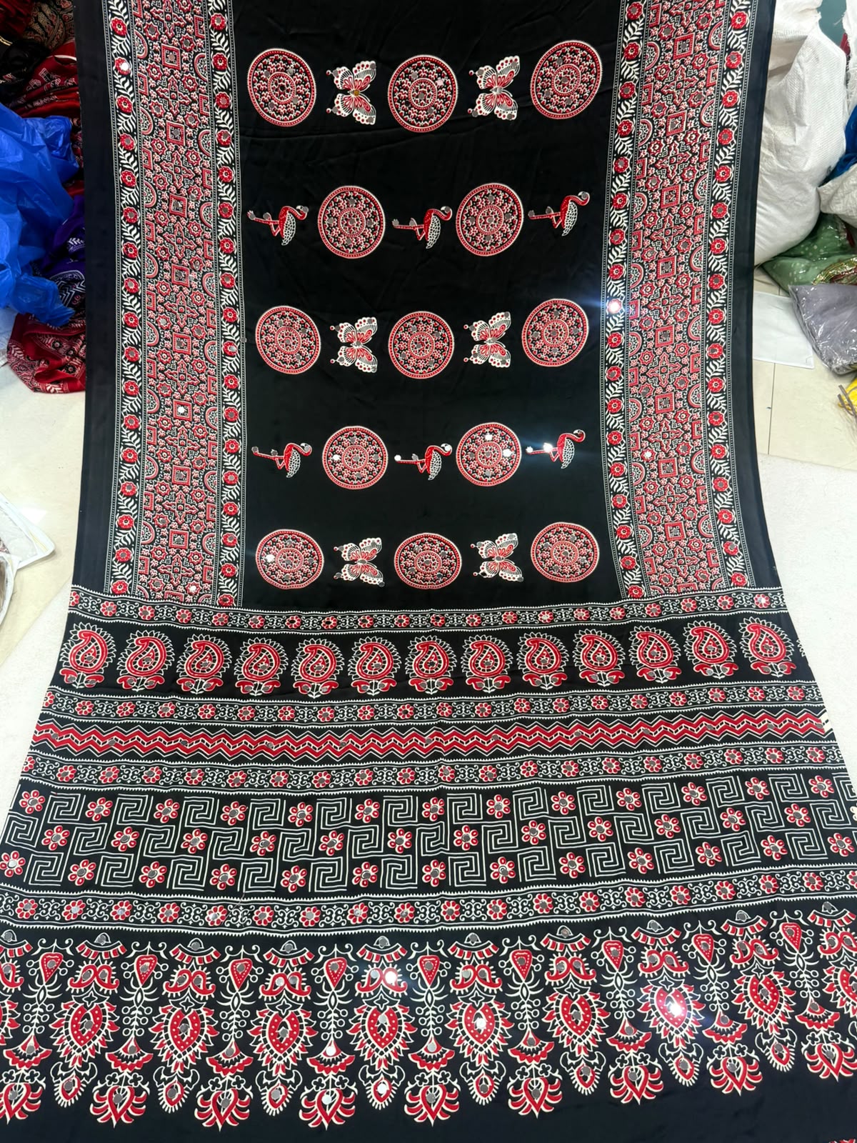 Ajrakh Crepe Silk Real Mirror Work Saree – 99 AED