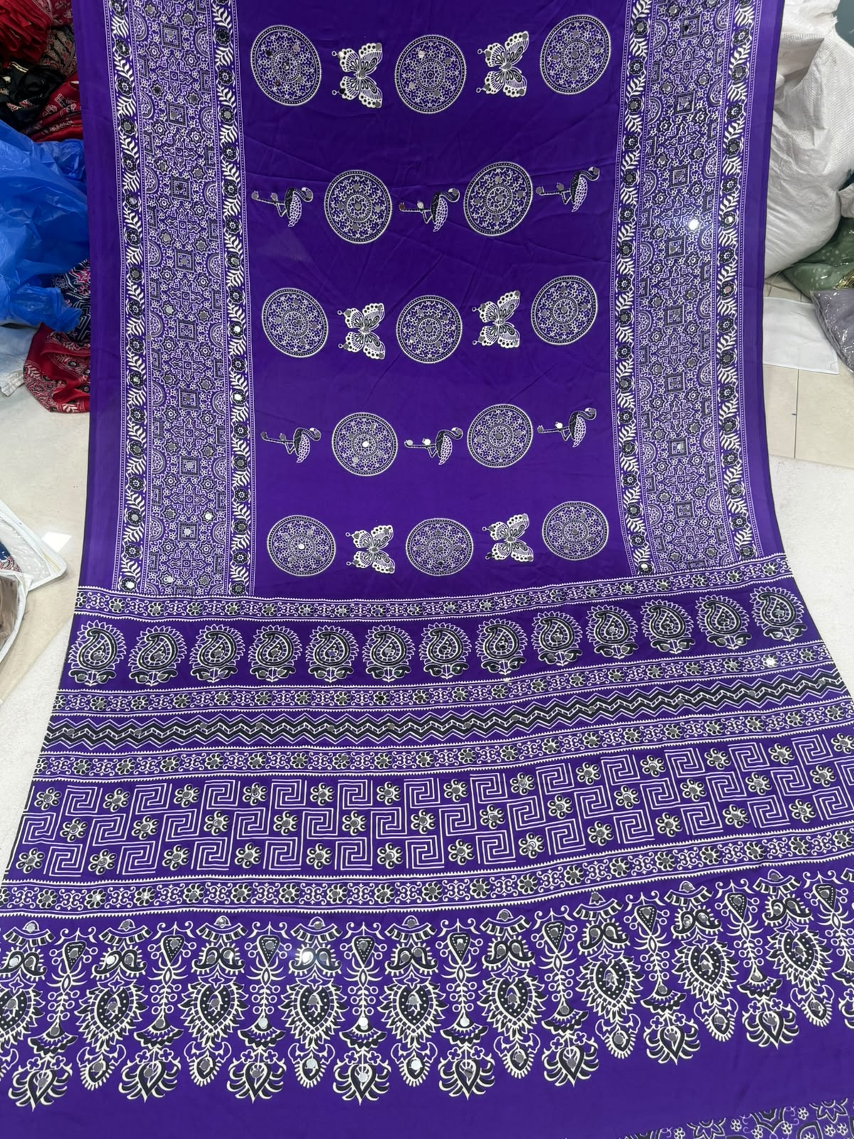 Ajrakh Crepe Silk Real Mirror Work Saree – 99 AED