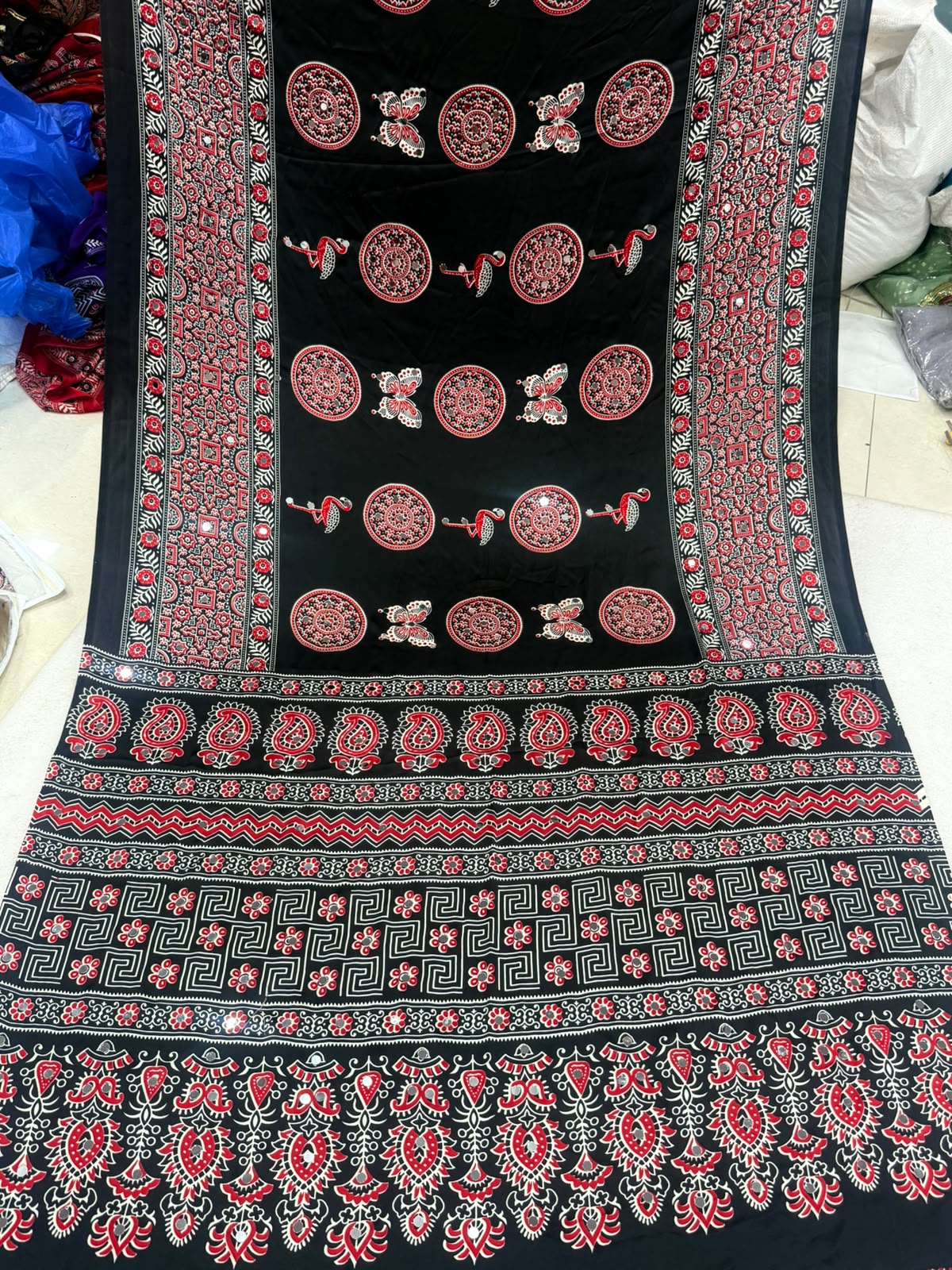Ajrakh Crepe Silk Real Mirror Work Saree – 99 AED