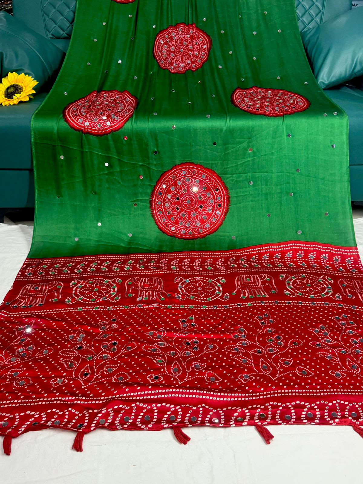 Ajrakh Crepe Silk Real Mirror Work Saree – 99 AED