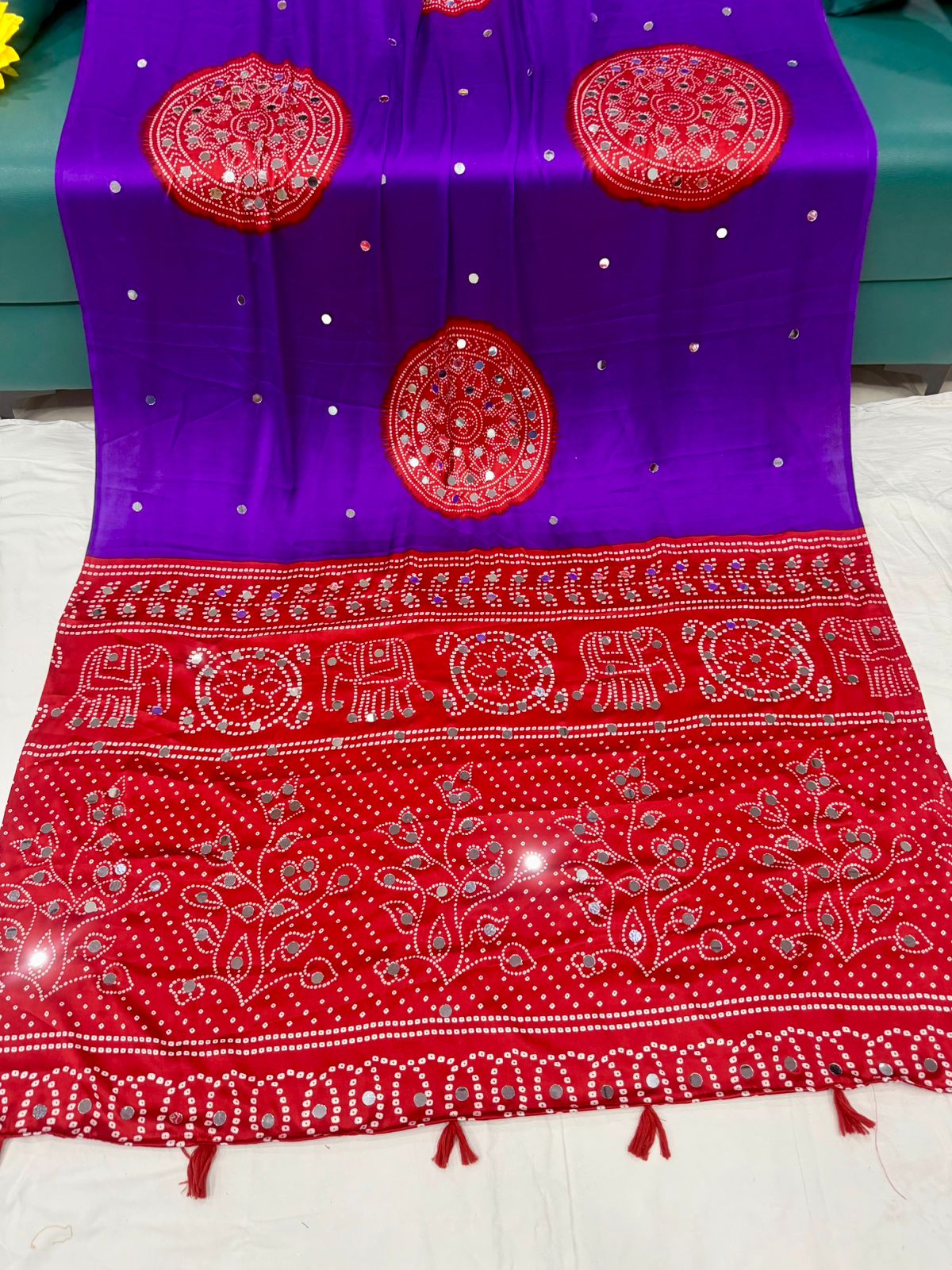 Ajrakh Crepe Silk Real Mirror Work Saree – 99 AED