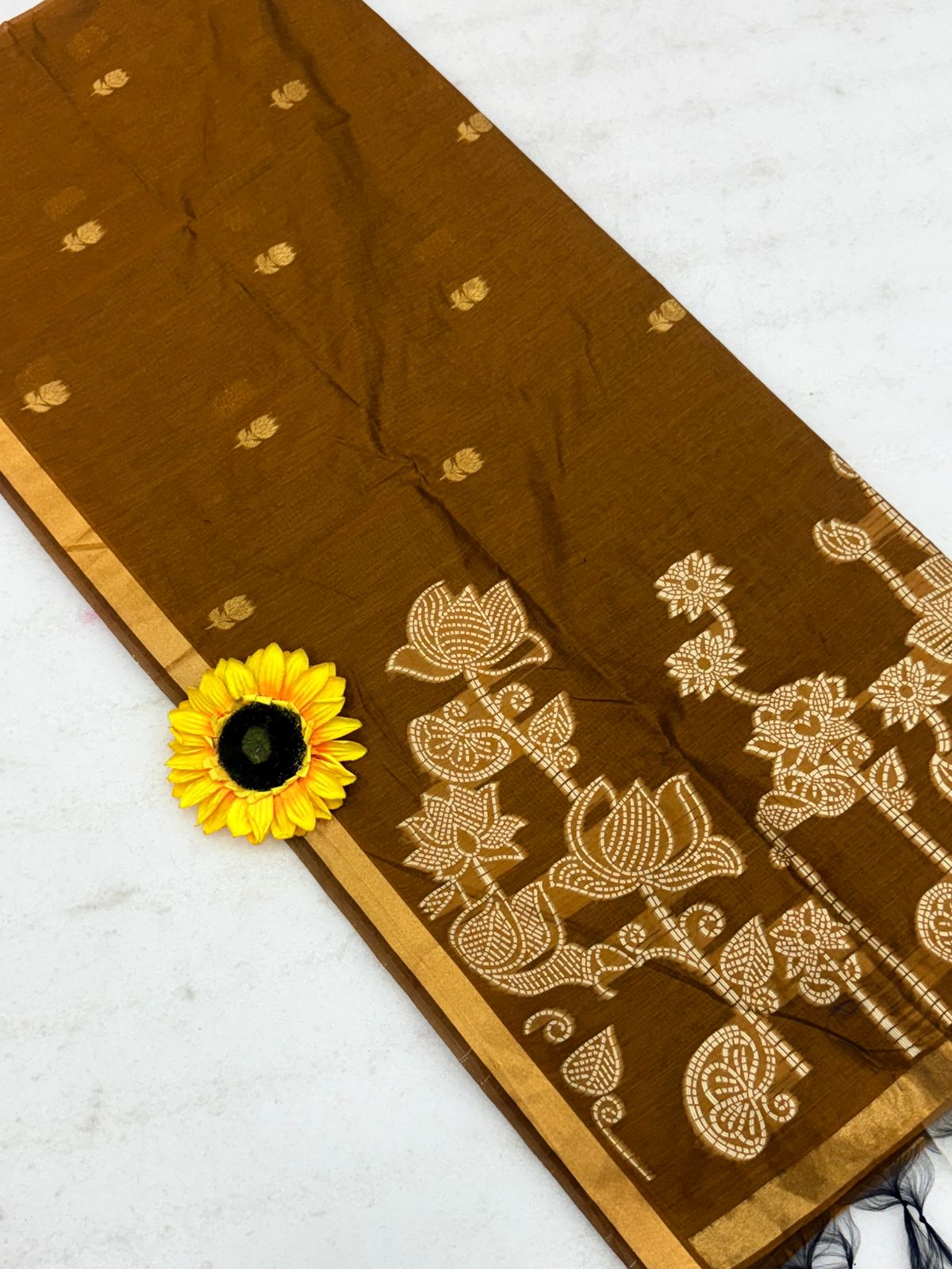Muga Cotton Saree with Meenakari Weaving & Motif Printed Pallu – 75 AED