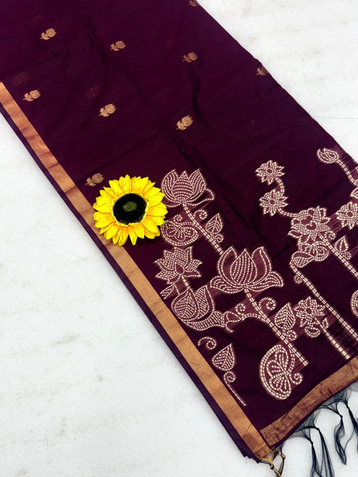 Muga Cotton Saree with Meenakari Weaving & Motif Printed Pallu – 75 AED