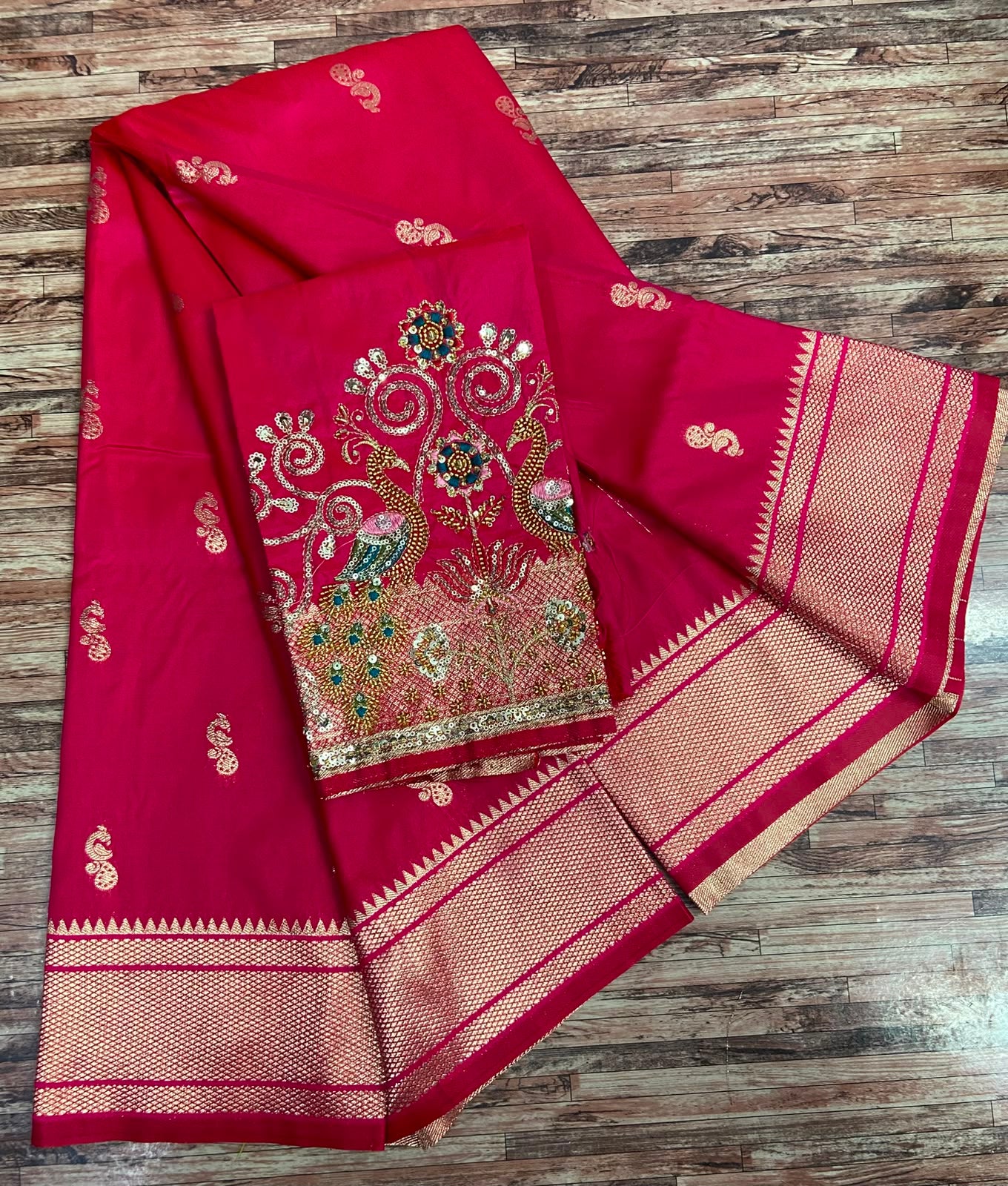Semi Silk Saree with Sequins Embroidered & Bead Work Blouse Fabric – 99 AED
