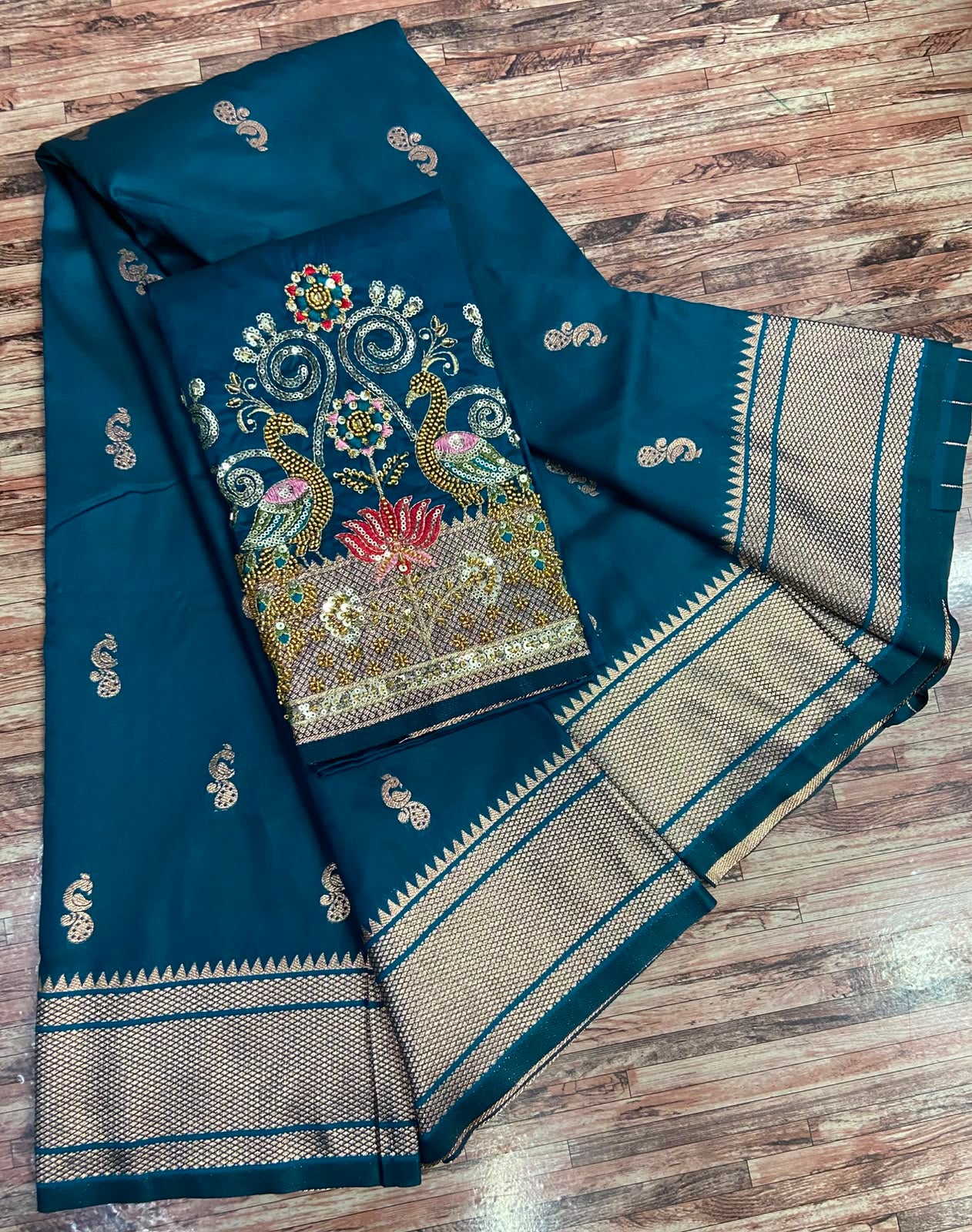 Semi Silk Saree with Sequins Embroidered & Bead Work Blouse Fabric – 99 AED