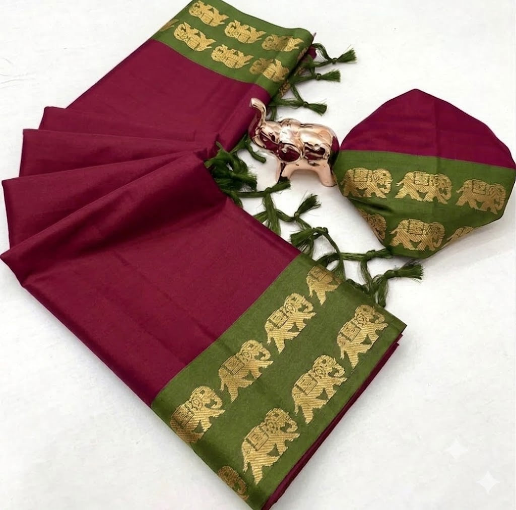 Cotton Silk Weaving Saree with Elephant Zari Weaving Borders – 50 AED