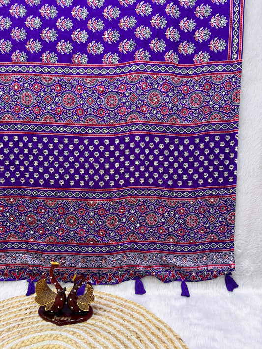 Ajrakh Semi Modal Crepe Silk Saree with Real Mirror Work – 99 AED