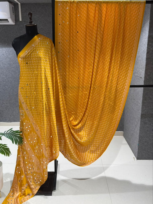 Real Mirror Work Ajrakh Crepe Silk Saree – 99 AED
