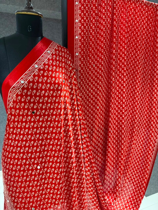 Real Mirror Work Ajrakh Crepe Silk Saree – 99 AED